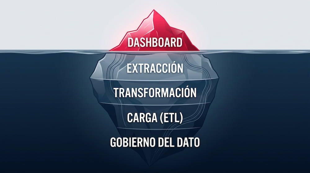 Iceberg que compara el dashboard visible con el proceso ETL bajo la superficie.