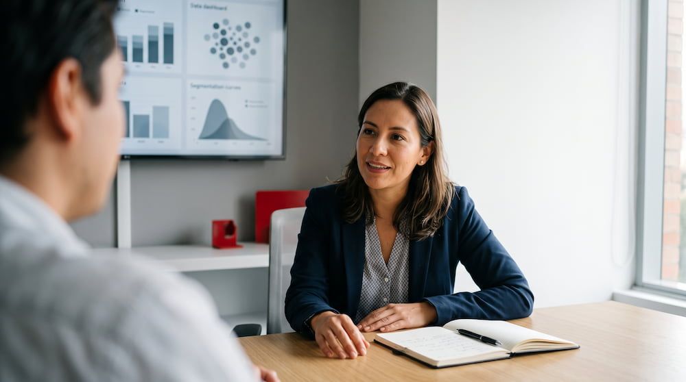 Investigadora moderando una entrevista en profundidad mientras un panel muestra datos procesados con inteligencia artificial